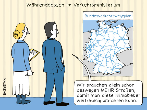 Cartoon | Bundesverkehrswegeplan | © Katharina Greve