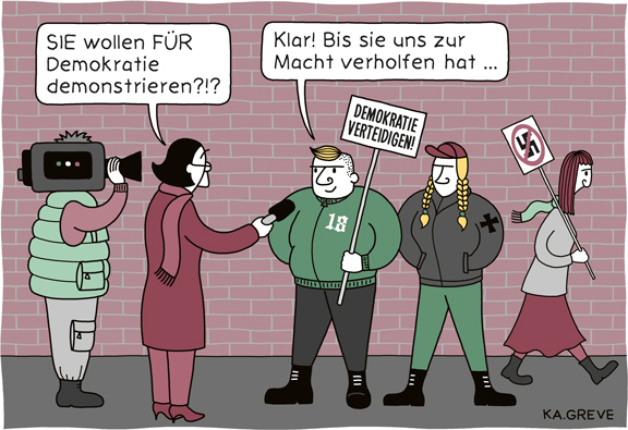 Cartoon | Demokratie verteidigen | © Katharina Greve