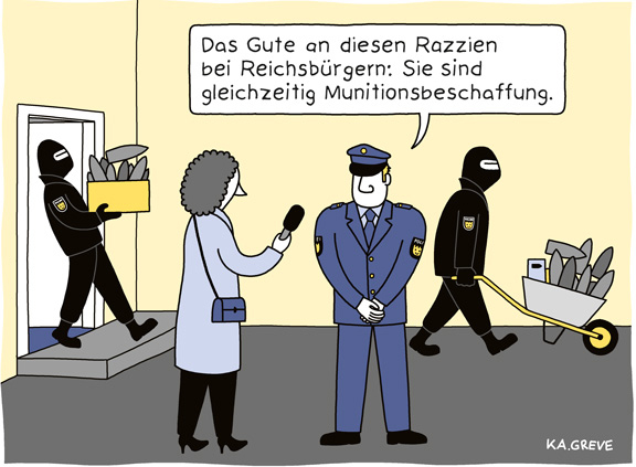 Cartoon | Reichsbürger + Munition | © Katharina Greve
